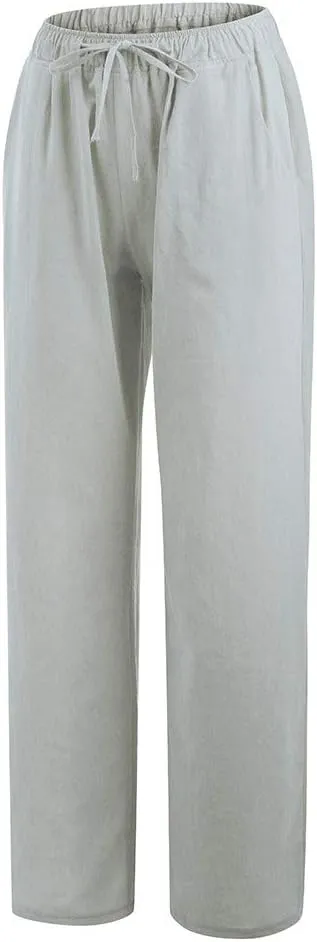 Cotton Linen Pants for Women Lightweight High Waisted Pants Tie Knot Wide Leg Pants Summer Lounge Pants with Pockets
