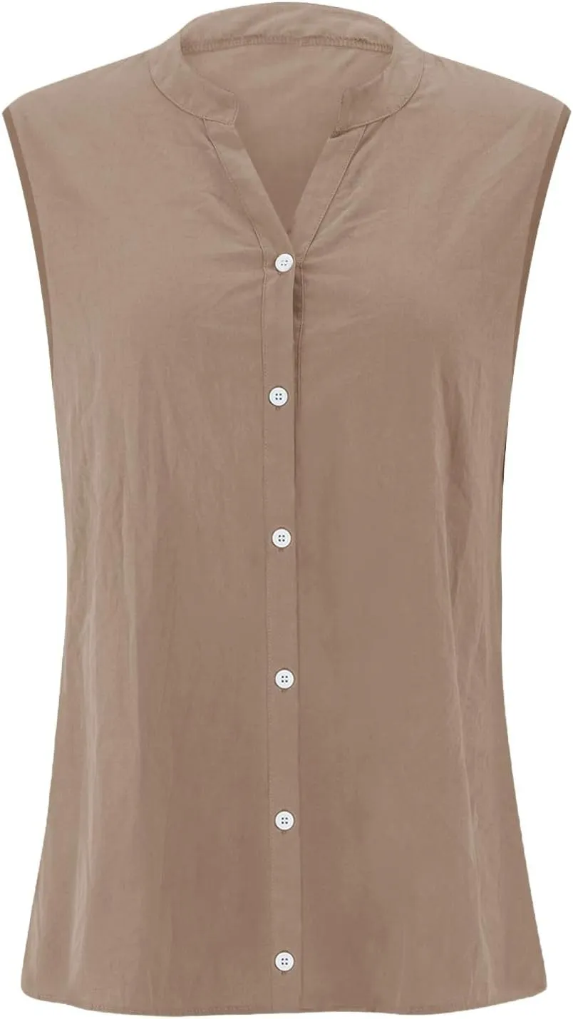 Cotton Linen Shirts for Women Sleeveless Collared Tops Oversized Button Up Blouses Work Shirts Casual Summer Tshirt