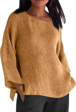 Cotton Linen Shirts Women Long Sleeve Plus Size Tops Gauze Split Side Casual Dressy Blouse Crewneck Loose Tunic Tshirt