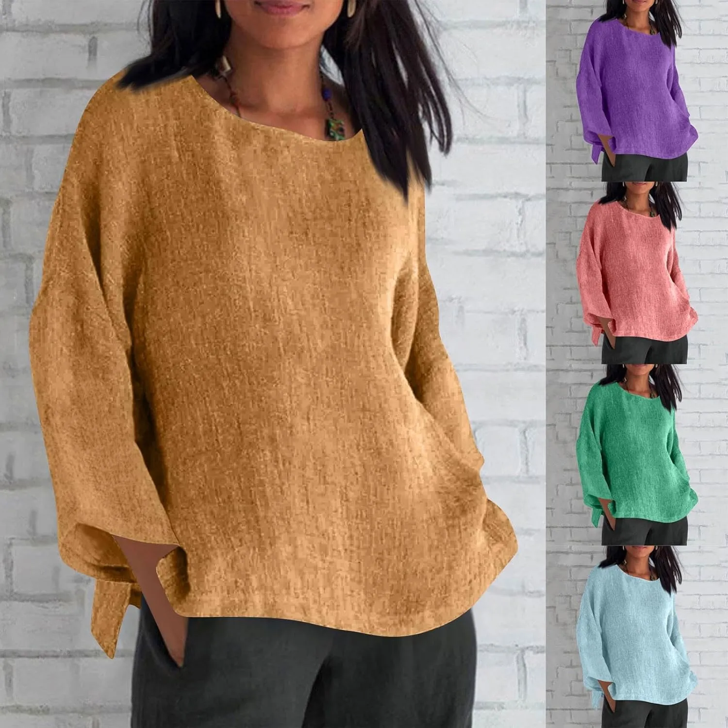 Cotton Linen Shirts Women Long Sleeve Plus Size Tops Gauze Split Side Casual Dressy Blouse Crewneck Loose Tunic Tshirt