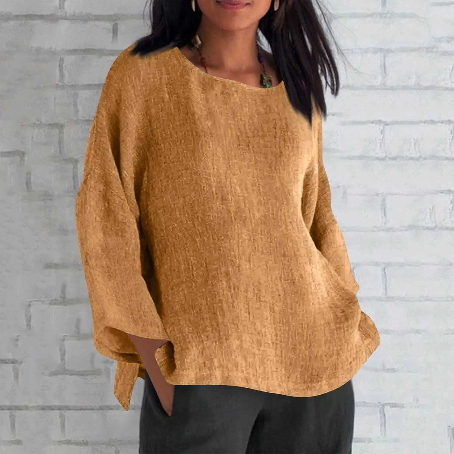 Cotton Linen Shirts Women Long Sleeve Plus Size Tops Gauze Split Side Casual Dressy Blouse Crewneck Loose Tunic Tshirt