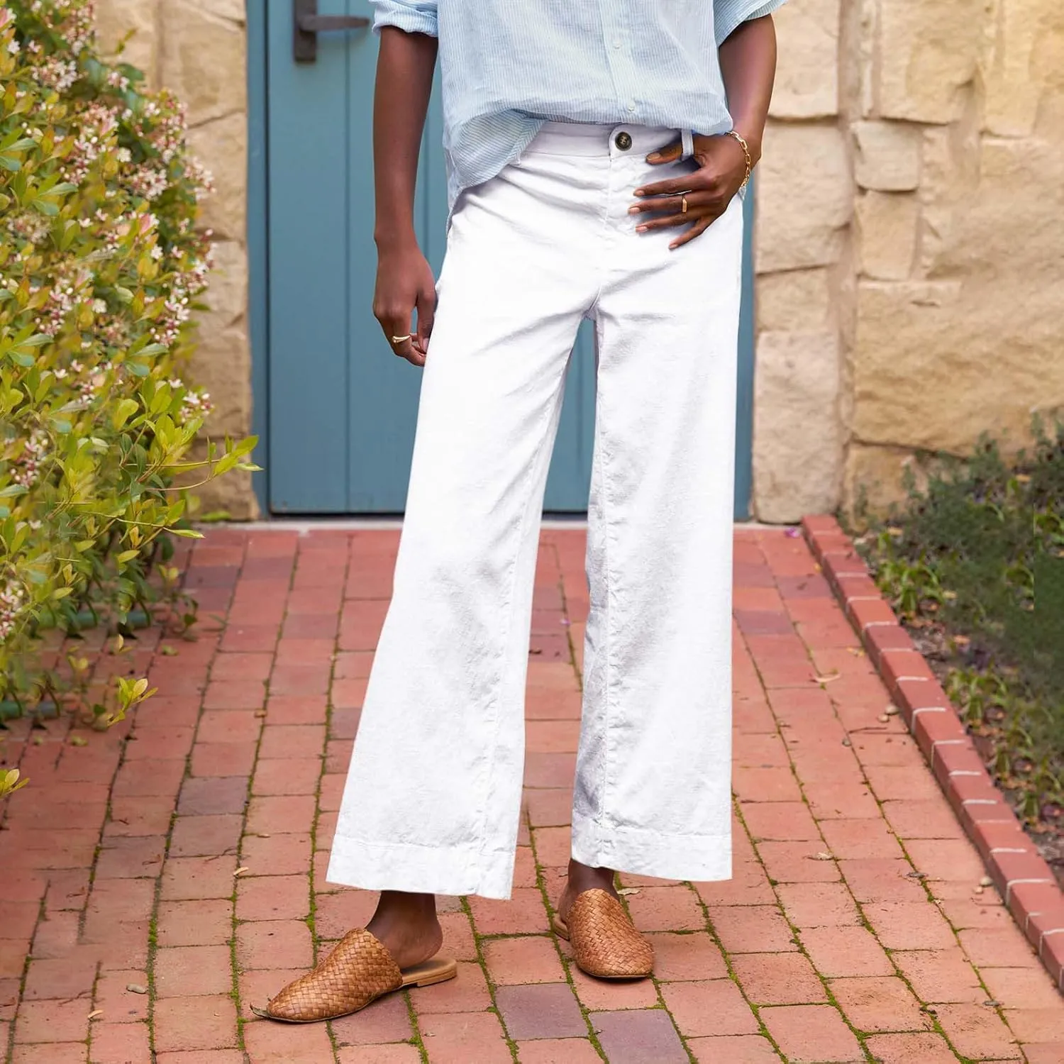 Cropped Linen Pants Women Elastic Waist Teacher Pants Lightweight Summer Comfy Capri Work Pants Loose Ankle Pants