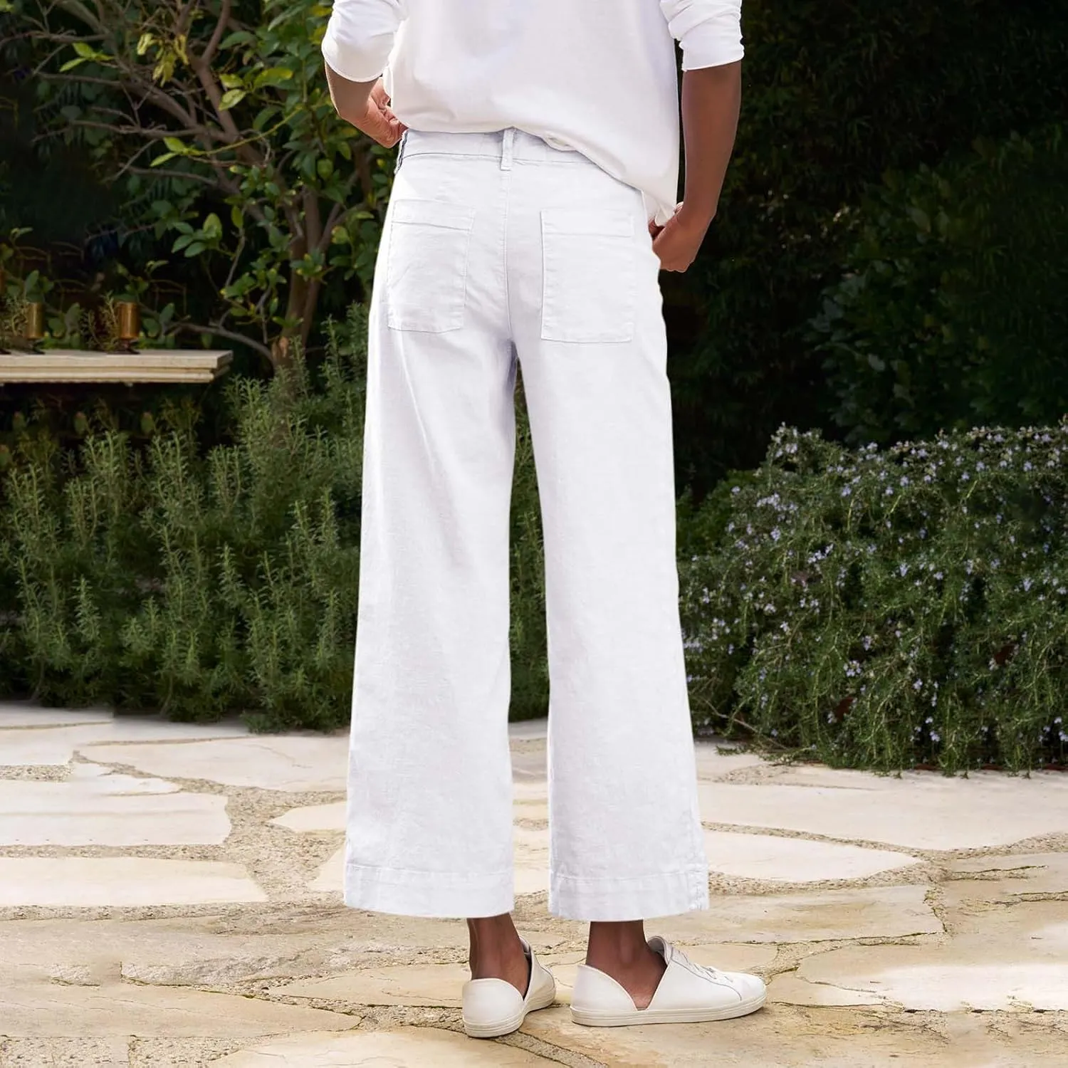 Cropped Linen Pants Women Elastic Waist Teacher Pants Lightweight Summer Comfy Capri Work Pants Loose Ankle Pants