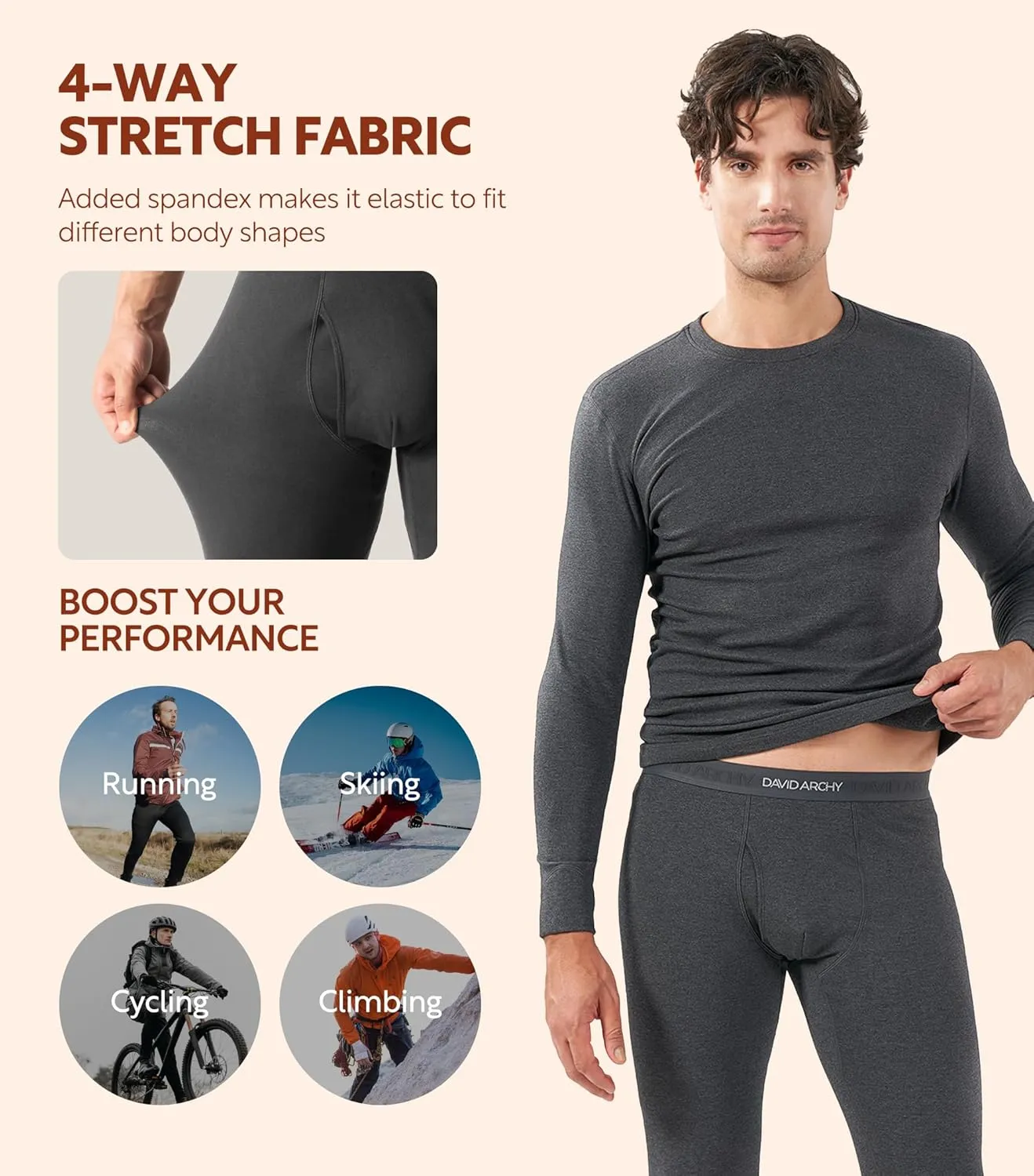 DAVID ARCHY Men’s Lightweight Thermal Underwear - Breathable Comfort for Cool Weather, Ideal for Active Use