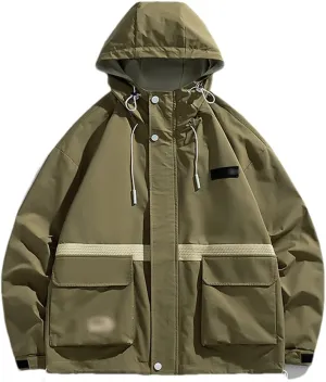 DBFBDTU Men's Hooded Jacket Solid Color Long Sleeve Work Jacket Large Pocket Zip Jacket Coats