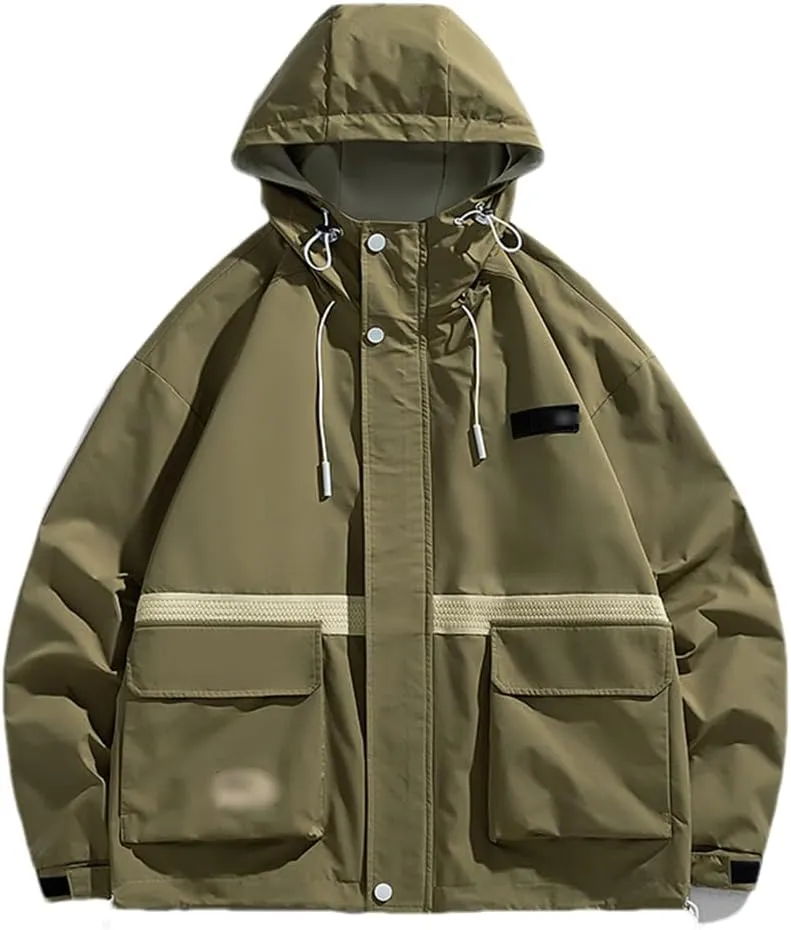 DBFBDTU Men's Hooded Jacket Solid Color Long Sleeve Work Jacket Large Pocket Zip Jacket Coats