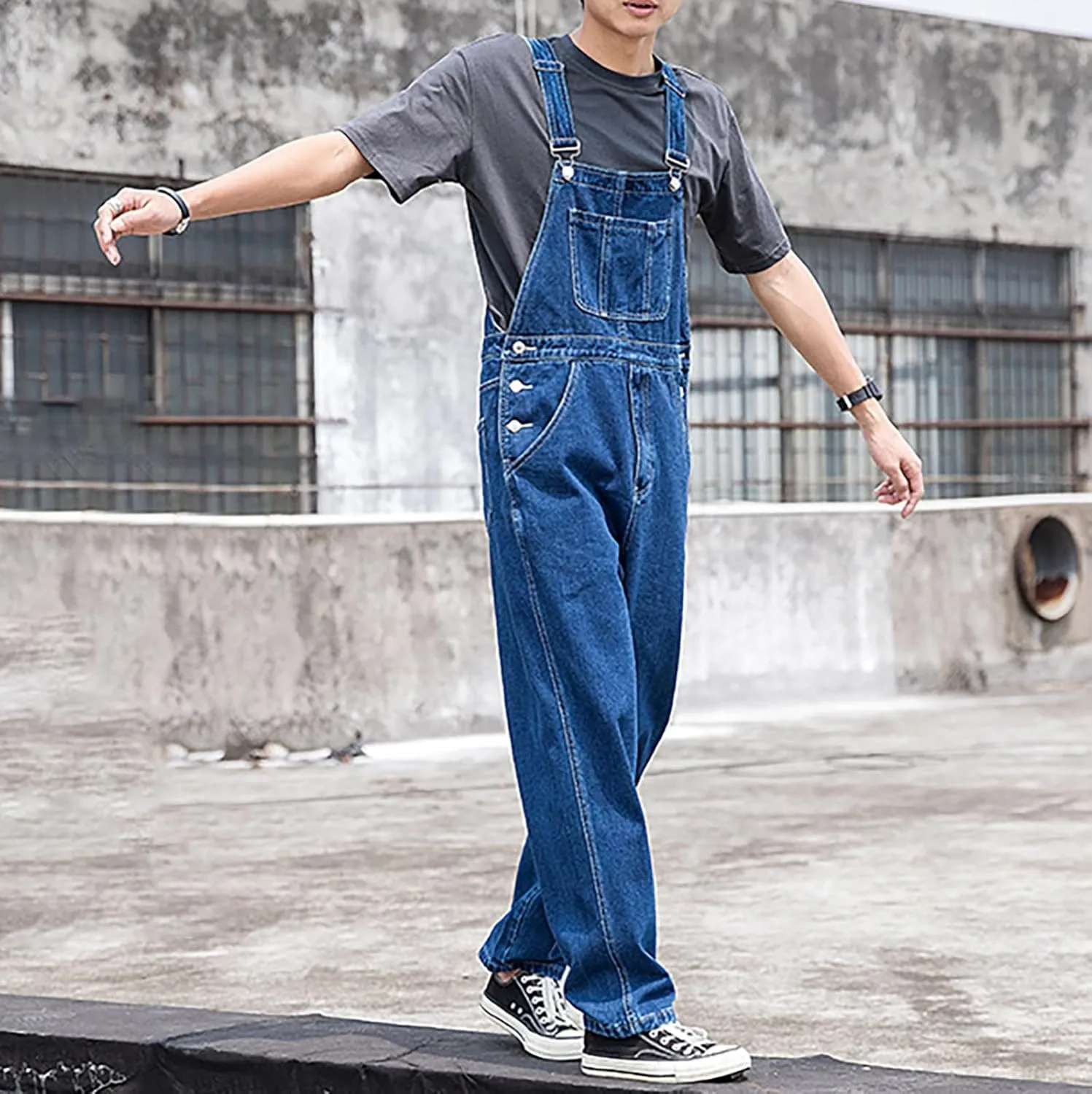 Denim Bib Overalls for Men Big and Tall Loose Fit Casual Vintage Jean Jumpsuits Regular Fit Adjustable Strap Fashion Rompers