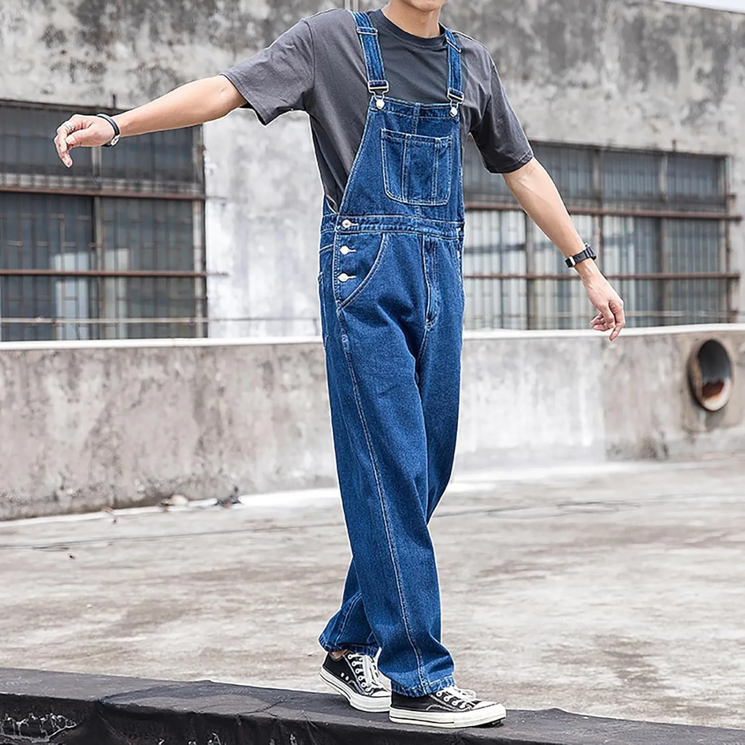 Denim Bib Overalls for Men Big and Tall Loose Fit Casual Vintage Jean Jumpsuits Regular Fit Adjustable Strap Fashion Rompers
