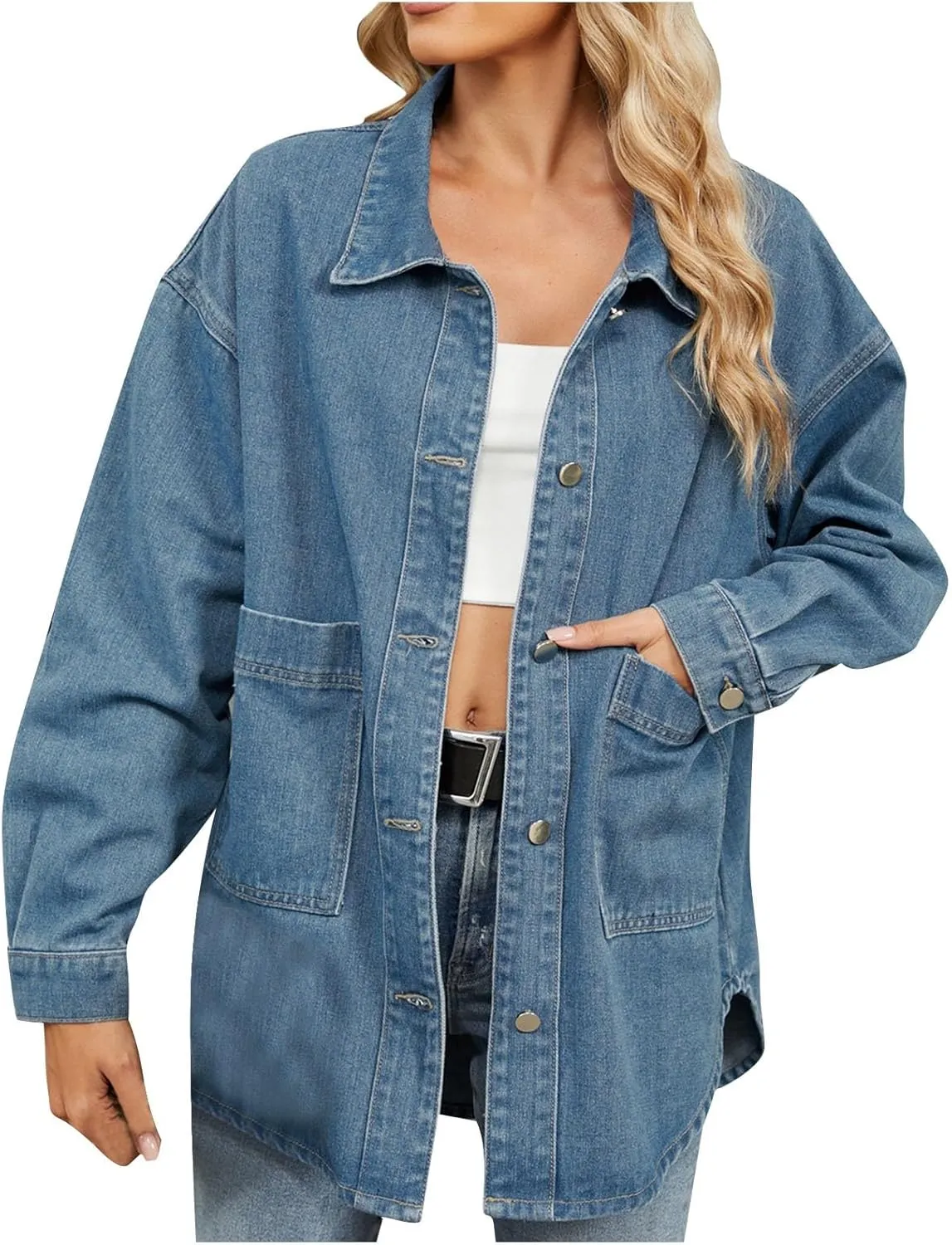 Denim Jacket for Women Trendy Oversized Button Down Jean Jacket Long Sleeve Jackets Coat Collar with Pocket