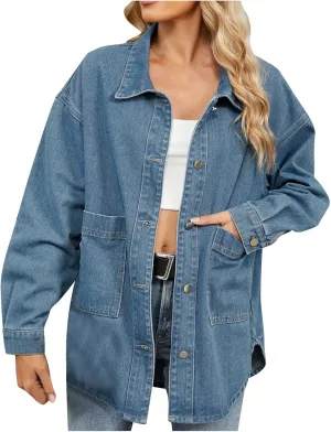 Denim Jacket for Women Trendy Oversized Button Down Jean Jacket Long Sleeve Jackets Coat Collar with Pocket