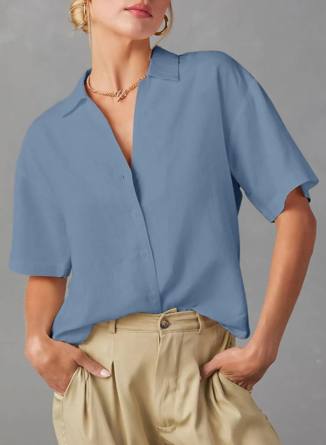 Dokotoo Womens Summer Tops Casual V Neck Button Down Shirts Solid Short Sleeve Blouse Tops