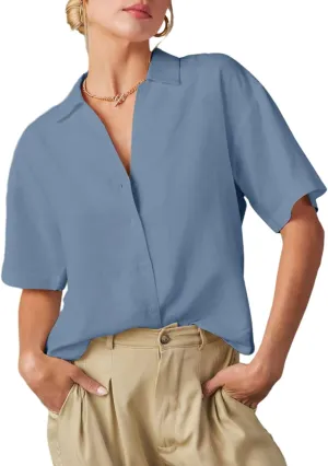 Dokotoo Womens Summer Tops Casual V Neck Button Down Shirts Solid Short Sleeve Blouse Tops