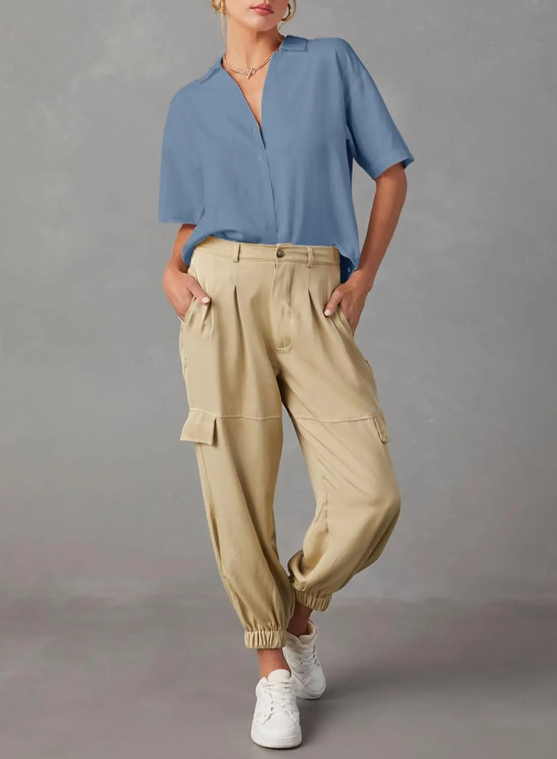 Dokotoo Womens Summer Tops Casual V Neck Button Down Shirts Solid Short Sleeve Blouse Tops