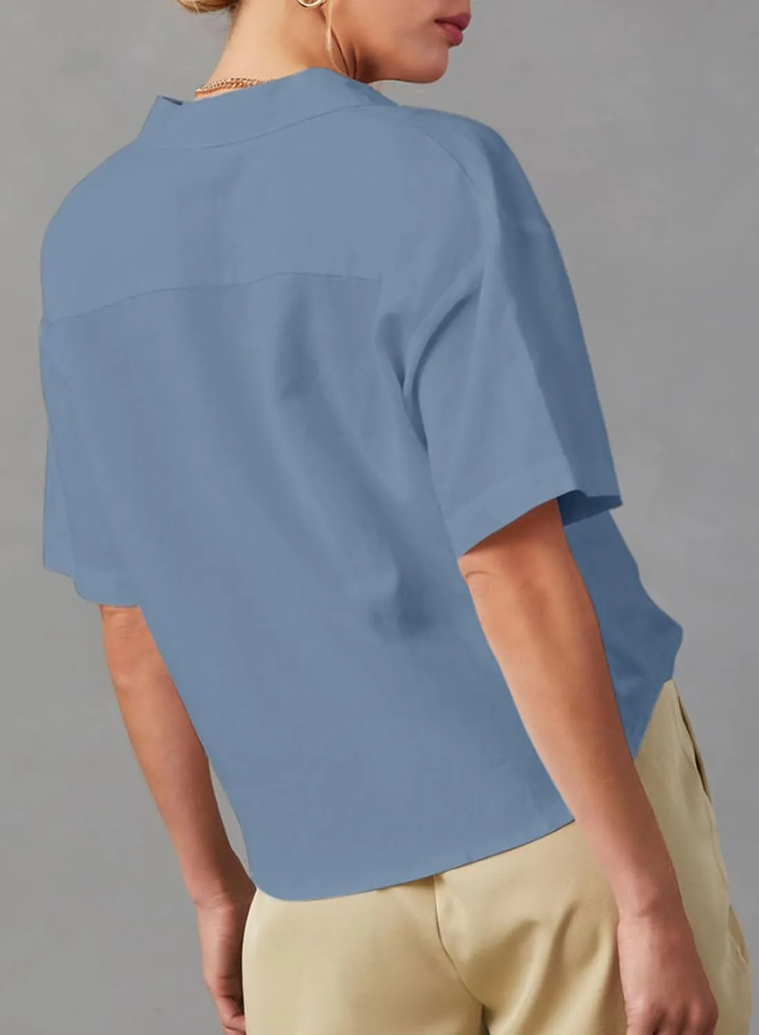 Dokotoo Womens Summer Tops Casual V Neck Button Down Shirts Solid Short Sleeve Blouse Tops