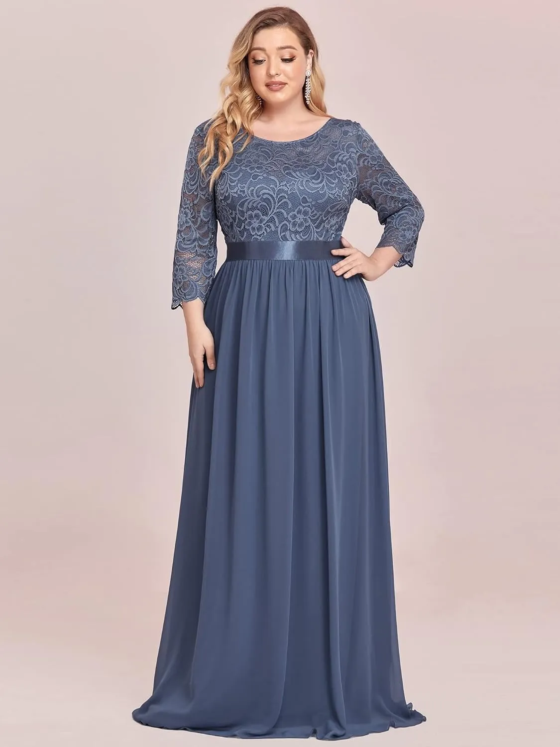 Ever-Pretty Women's Plus Size A-Line 3/4 Lace Sleeves Chiffon Long Maxi Formal Mother of The Bride Dresses 7412-PZ