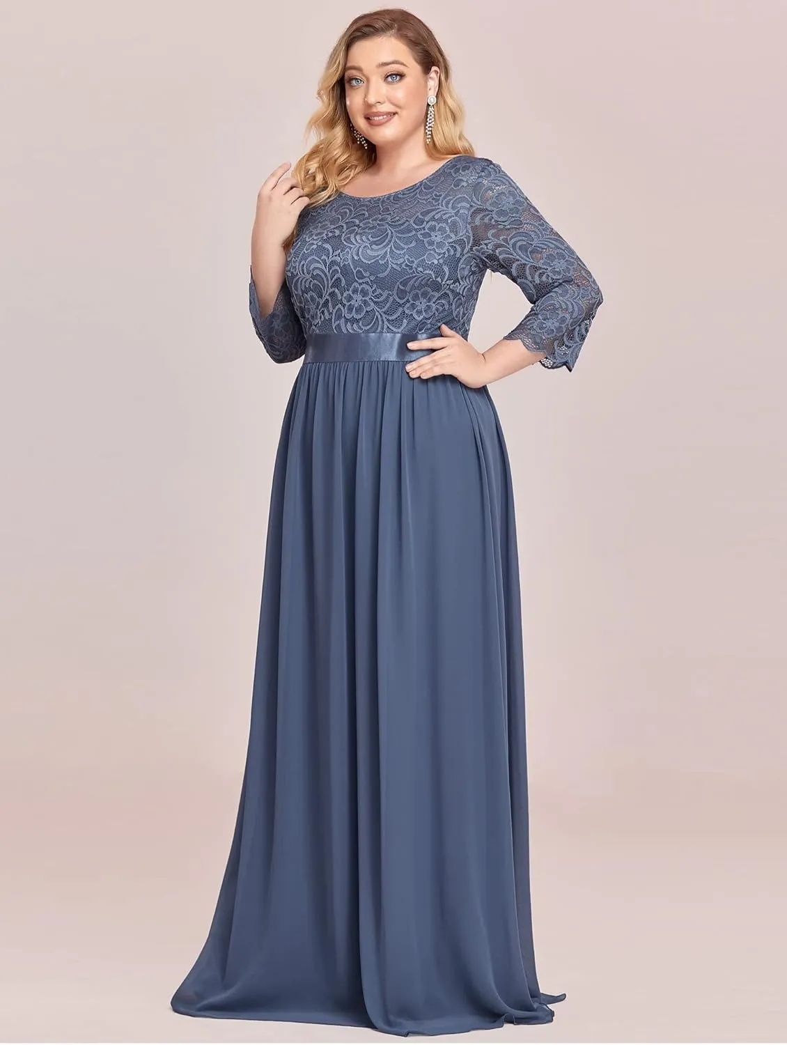 Ever-Pretty Women's Plus Size A-Line 3/4 Lace Sleeves Chiffon Long Maxi Formal Mother of The Bride Dresses 7412-PZ