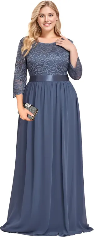Ever-Pretty Women's Plus Size A-Line 3/4 Lace Sleeves Chiffon Long Maxi Formal Mother of The Bride Dresses 7412-PZ