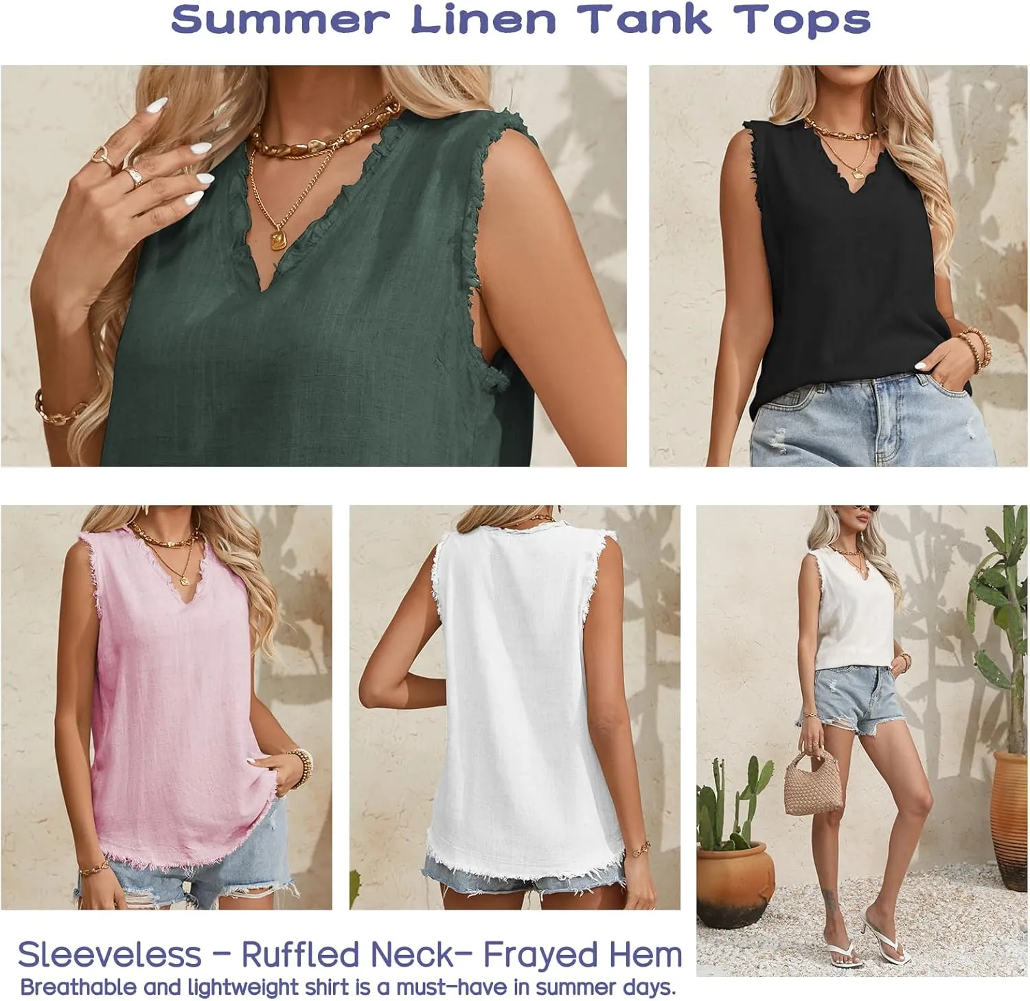 Famulily Womens Sleeveless Ruffled V Neck Tops Summer Linen Tank Tops Solid Color Raw Edge Hem Camisoles