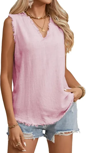 Famulily Womens Sleeveless Ruffled V Neck Tops Summer Linen Tank Tops Solid Color Raw Edge Hem Camisoles