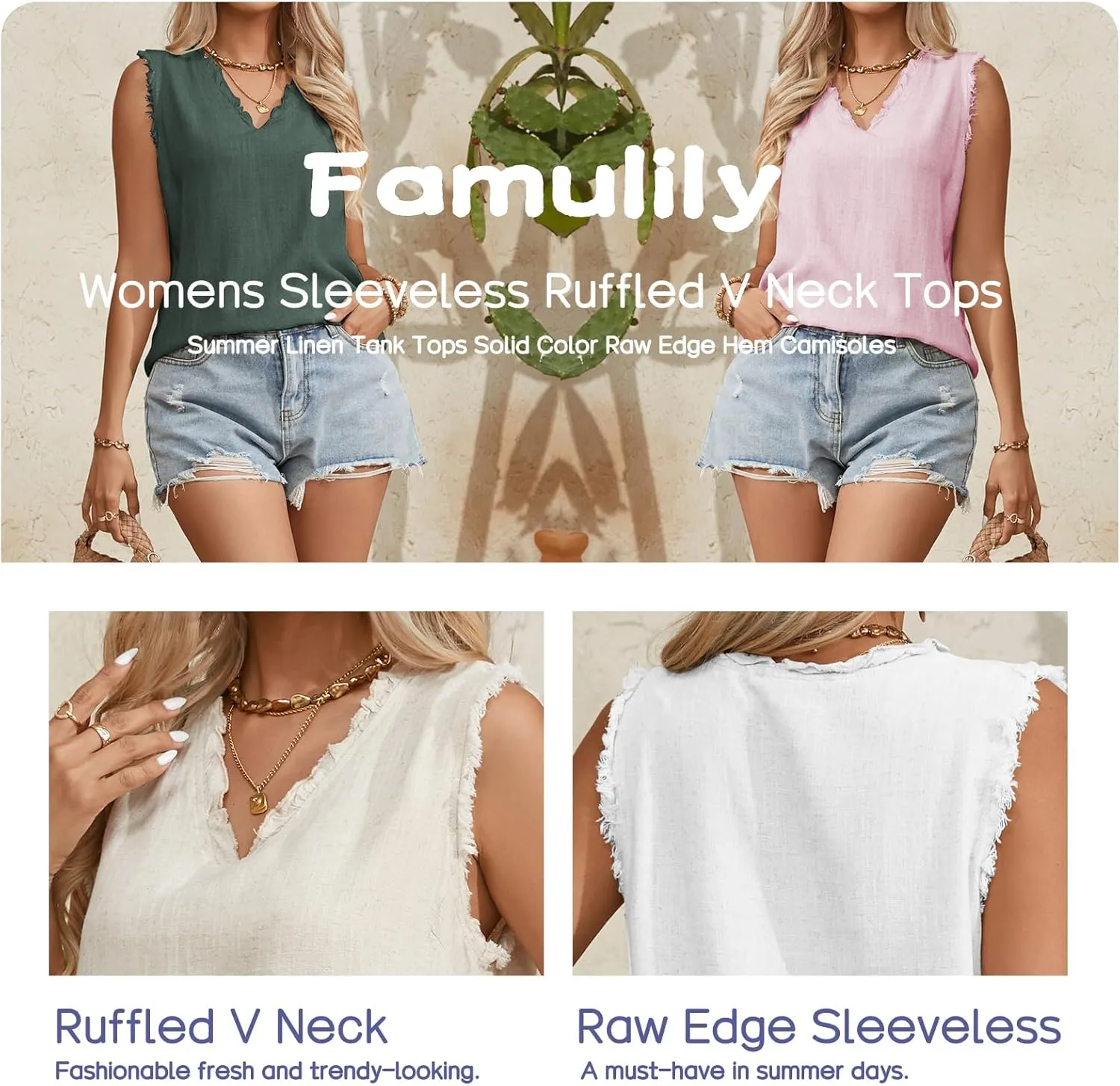 Famulily Womens Sleeveless Ruffled V Neck Tops Summer Linen Tank Tops Solid Color Raw Edge Hem Camisoles