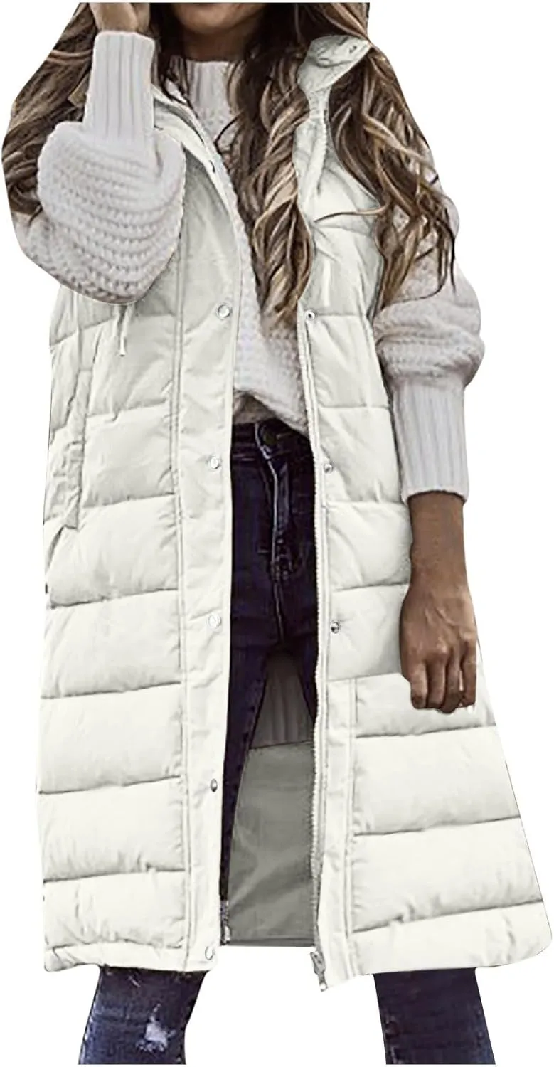 Fashion Sleeveless Puffer Jackets Solid Fall Winter Coats for Women Loose Outerwear Coat Tops Long Hooded Down Jacket