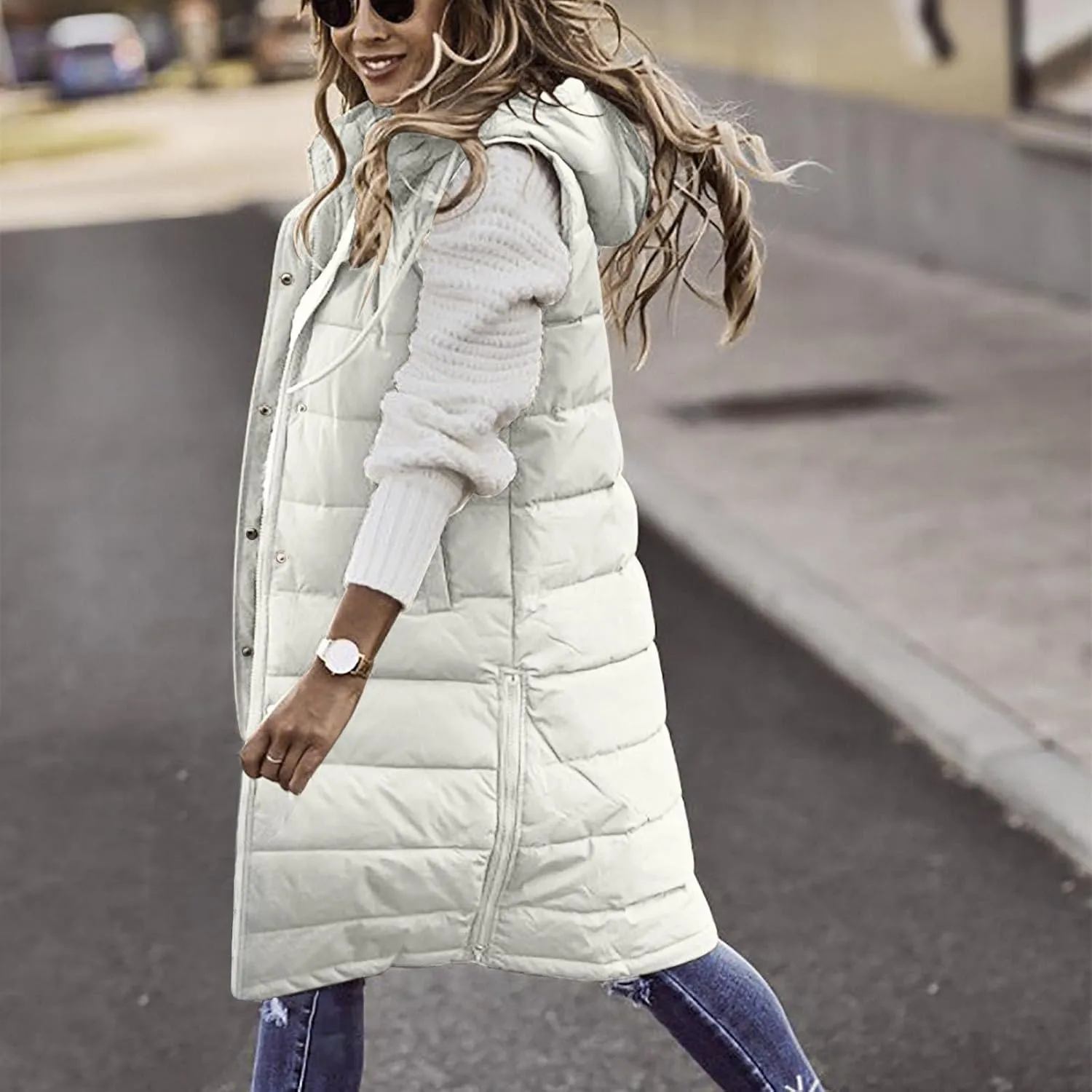 Fashion Sleeveless Puffer Jackets Solid Fall Winter Coats for Women Loose Outerwear Coat Tops Long Hooded Down Jacket