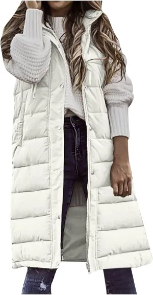 Fashion Sleeveless Puffer Jackets Solid Fall Winter Coats for Women Loose Outerwear Coat Tops Long Hooded Down Jacket