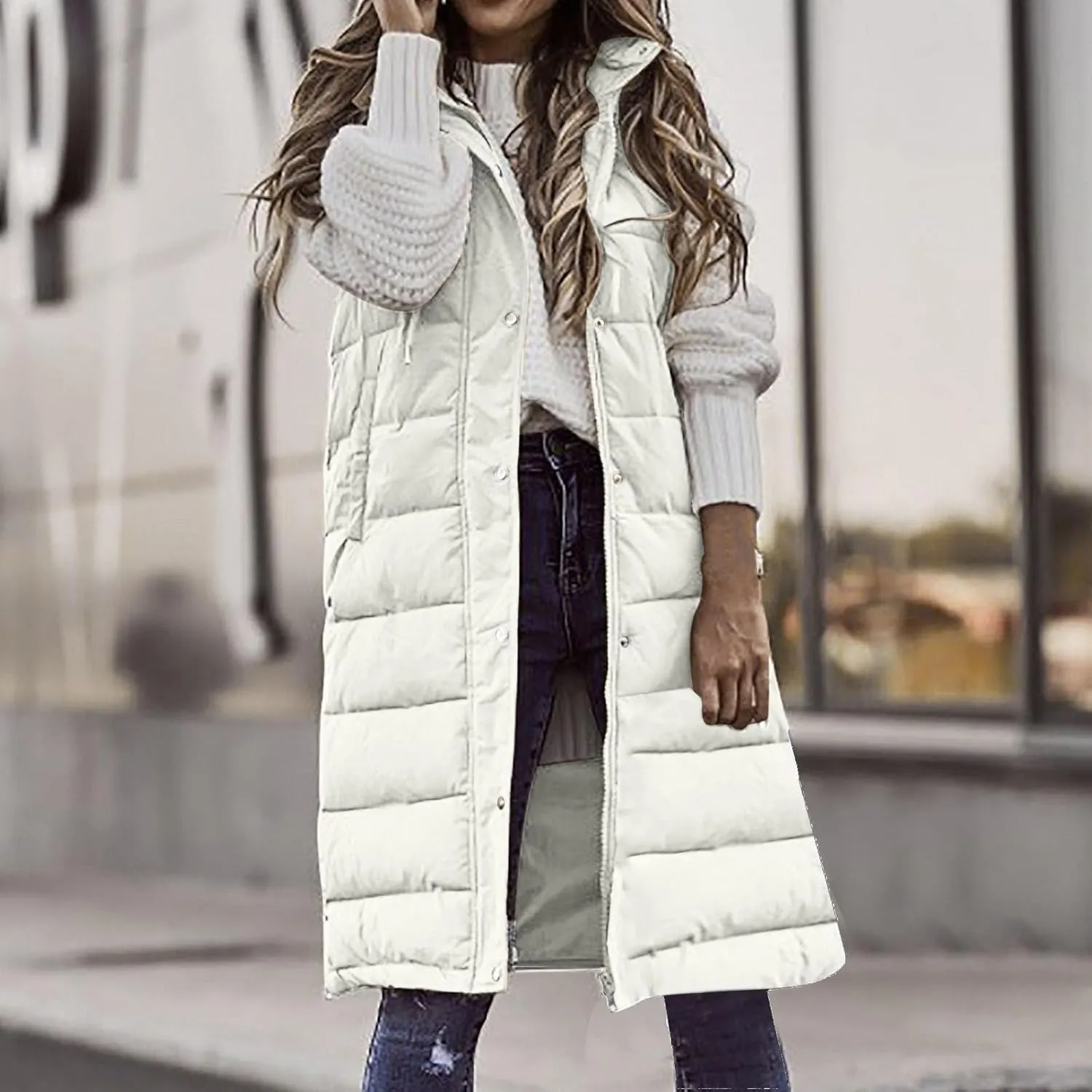 Fashion Sleeveless Puffer Jackets Solid Fall Winter Coats for Women Loose Outerwear Coat Tops Long Hooded Down Jacket