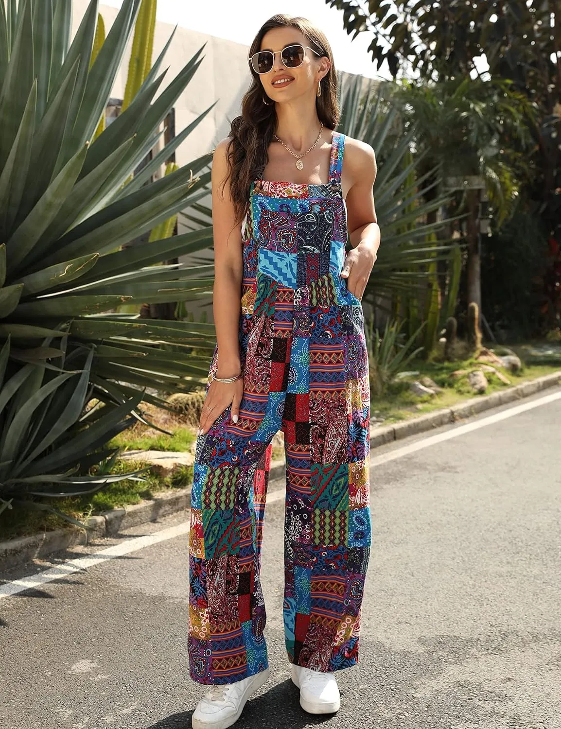 Fiona Jolin Overalls Women Summer Boho Floral Loose Wide Leg Jumpsuits with Pockets Patchwork Bib Overalls