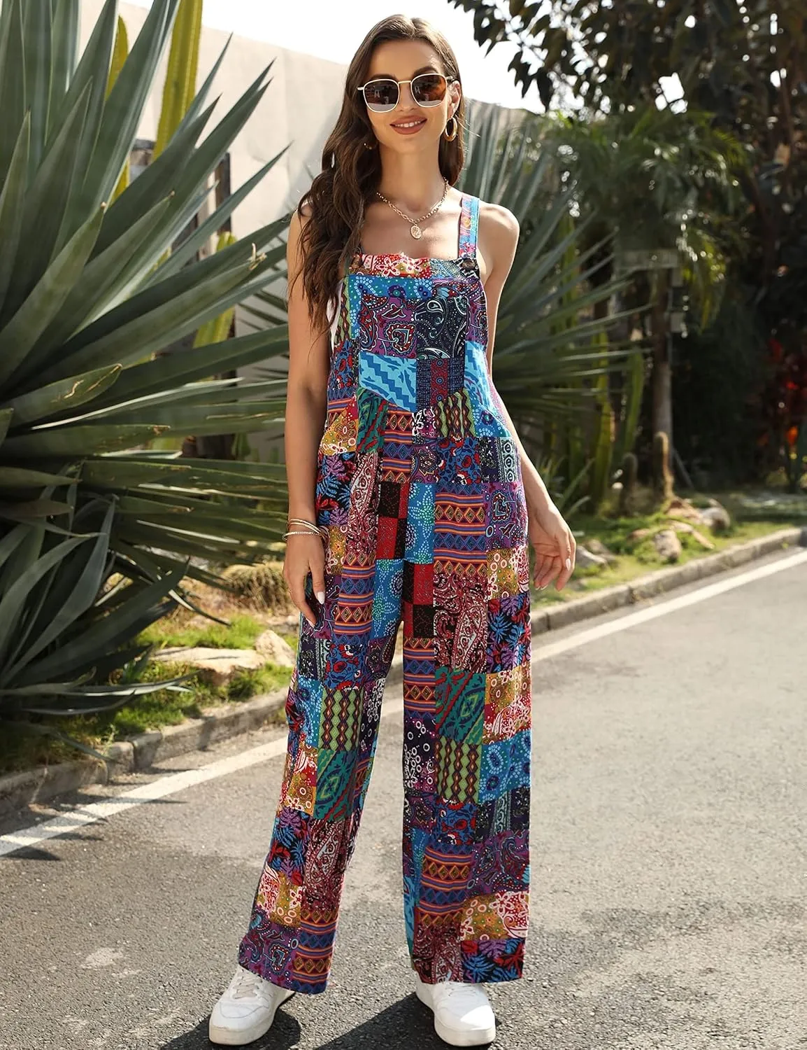 Fiona Jolin Overalls Women Summer Boho Floral Loose Wide Leg Jumpsuits with Pockets Patchwork Bib Overalls