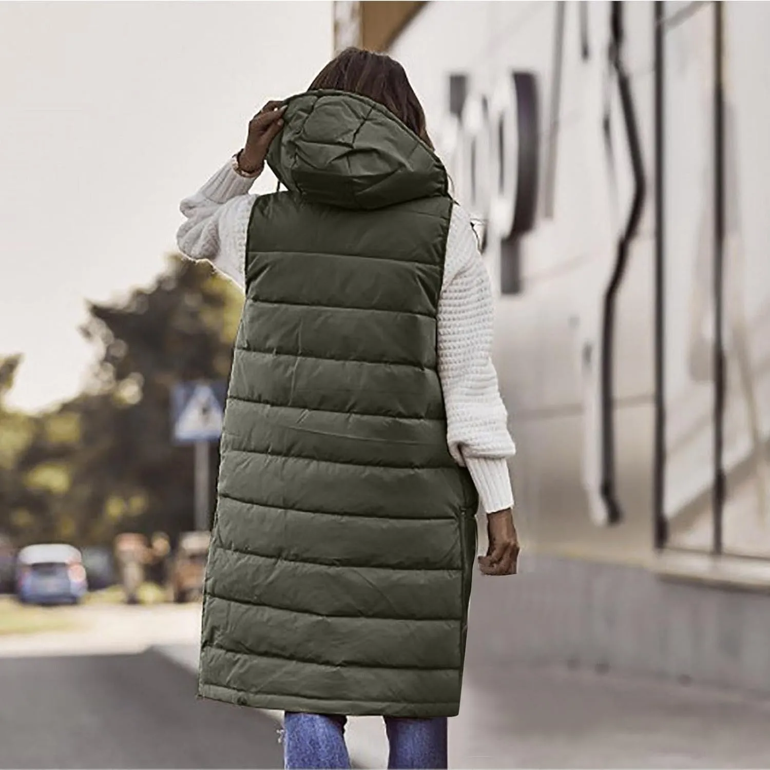 Firzero Women's Long Puffer Vest Sleeveless Lightweight Puffer Jacket Hooded Down Coat 2024 Fall Winter Quilted Vest