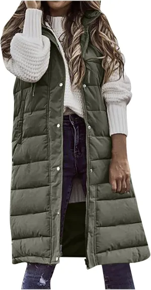 Firzero Women's Long Puffer Vest Sleeveless Lightweight Puffer Jacket Hooded Down Coat 2024 Fall Winter Quilted Vest
