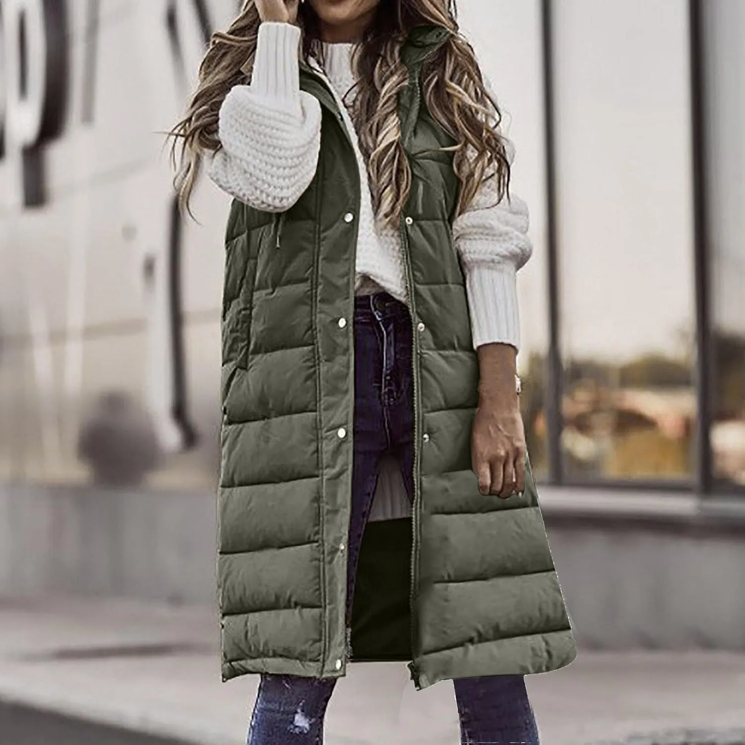Firzero Women's Long Puffer Vest Sleeveless Lightweight Puffer Jacket Hooded Down Coat 2024 Fall Winter Quilted Vest