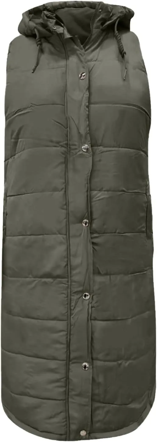 Firzero Women's Long Puffer Vest Sleeveless Lightweight Puffer Jacket Hooded Down Coat 2024 Fall Winter Quilted Vest