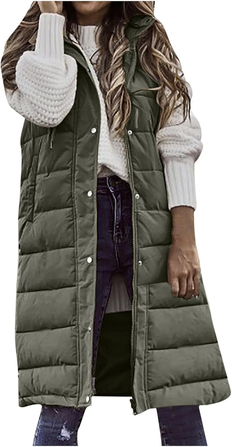 Firzero Women's Long Puffer Vest Sleeveless Lightweight Puffer Jacket Hooded Down Coat 2024 Fall Winter Quilted Vest