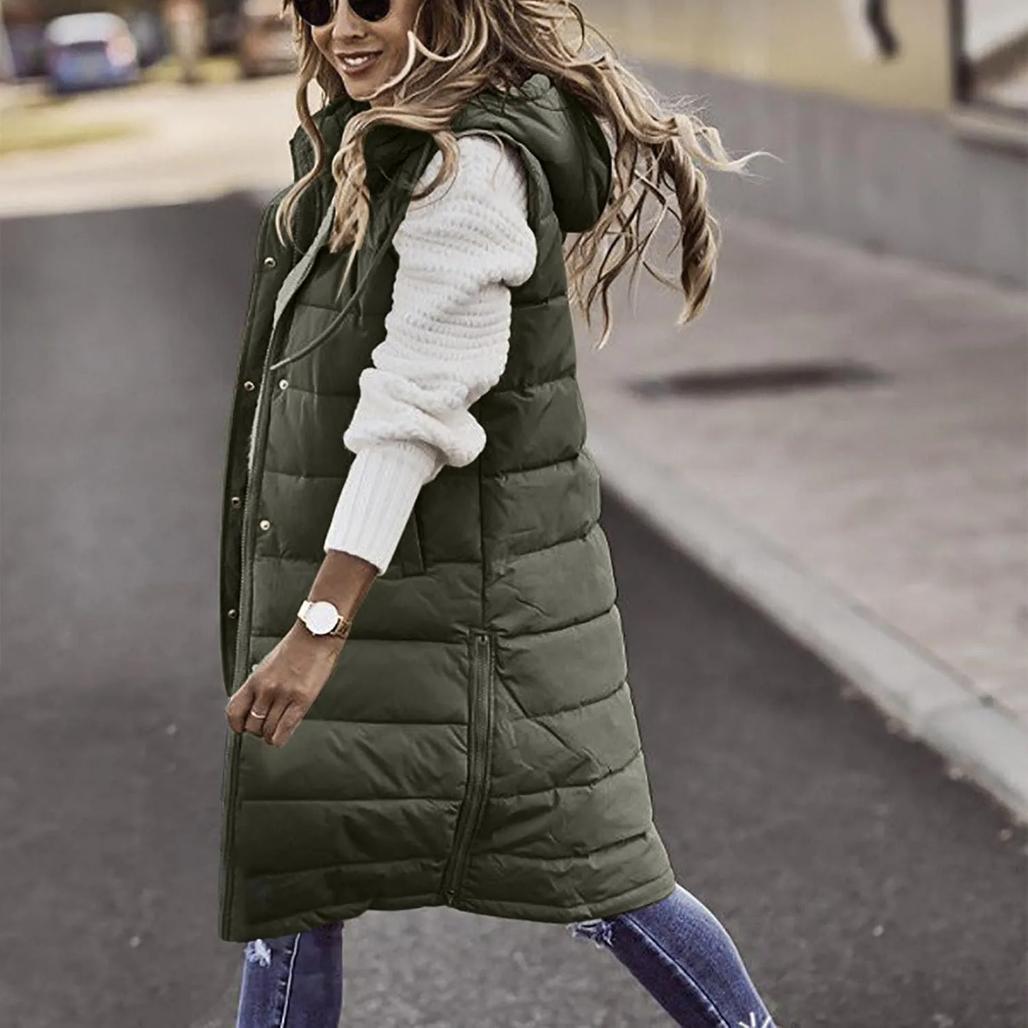 Firzero Women's Long Puffer Vest Sleeveless Lightweight Puffer Jacket Hooded Down Coat 2024 Fall Winter Quilted Vest
