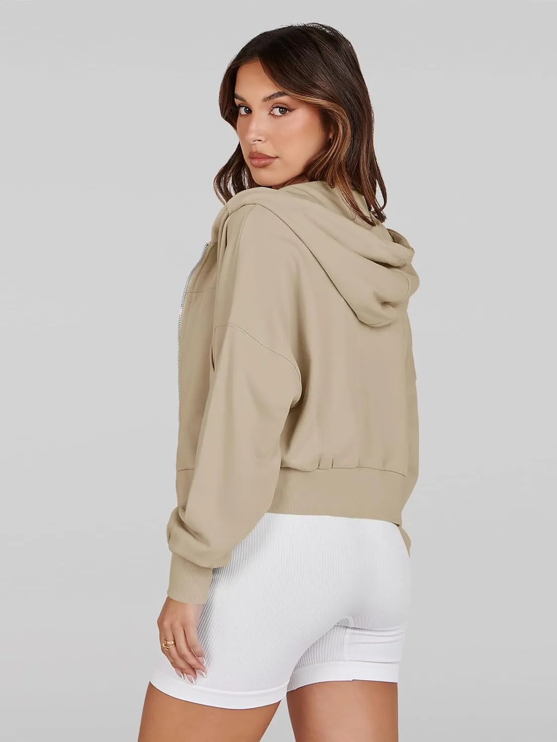 Fisoew Women's Crop Zip Up Hoodies Casual Long Sleeve Hooded Cropped Sweatshirts with Pockets