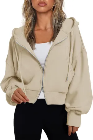 Fisoew Women's Crop Zip Up Hoodies Casual Long Sleeve Hooded Cropped Sweatshirts with Pockets