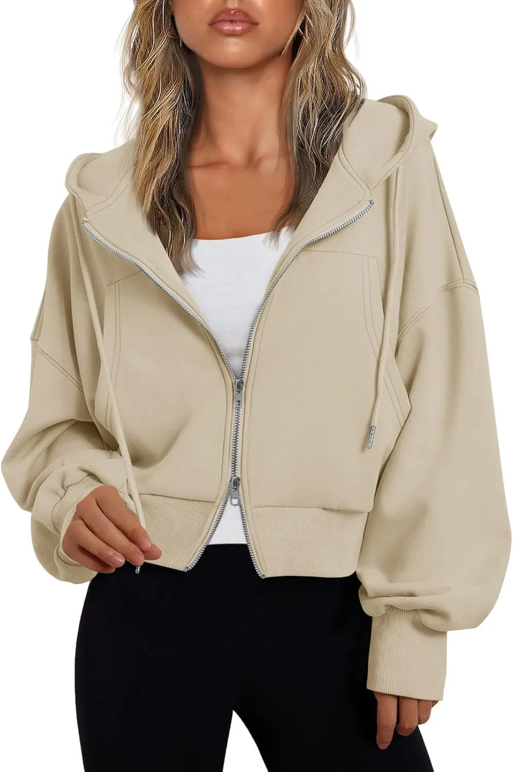 Fisoew Women's Crop Zip Up Hoodies Casual Long Sleeve Hooded Cropped Sweatshirts with Pockets