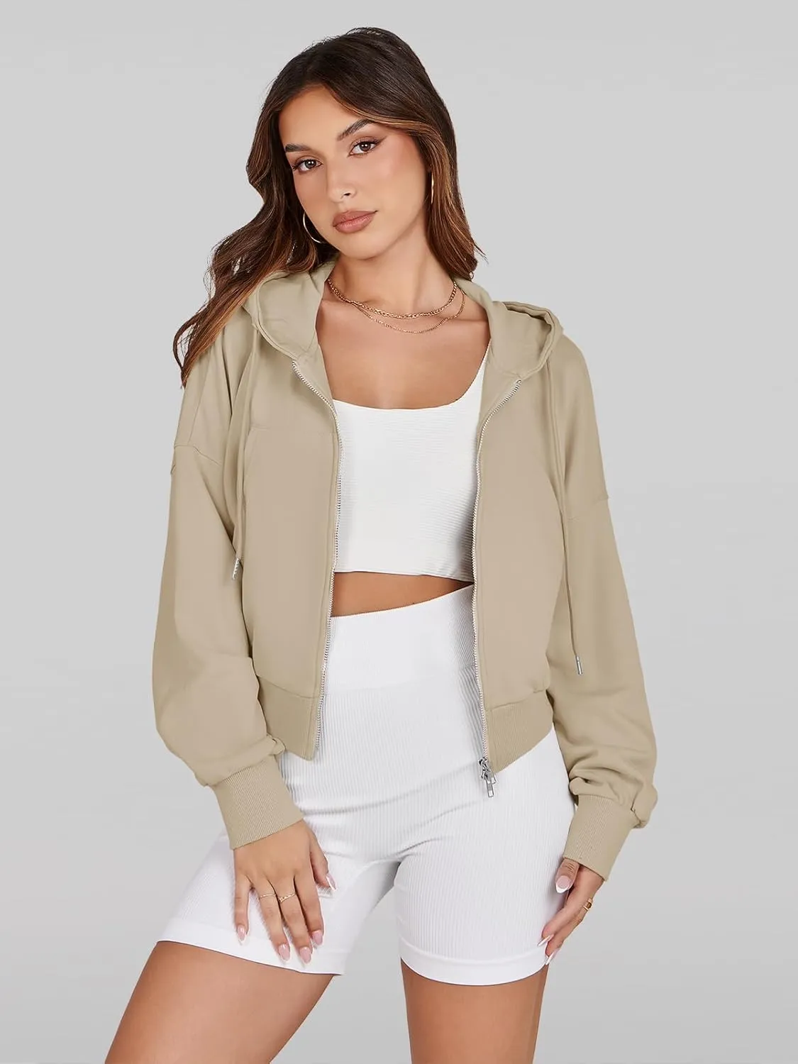 Fisoew Women's Crop Zip Up Hoodies Casual Long Sleeve Hooded Cropped Sweatshirts with Pockets