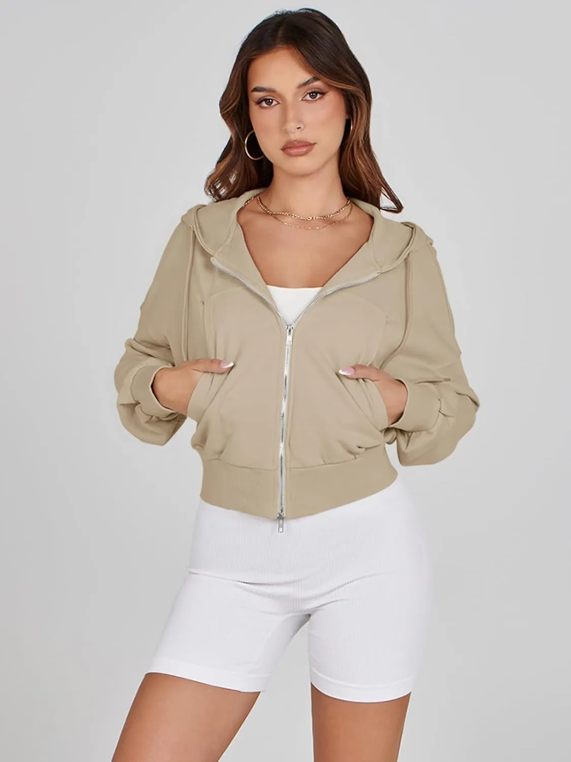 Fisoew Women's Crop Zip Up Hoodies Casual Long Sleeve Hooded Cropped Sweatshirts with Pockets