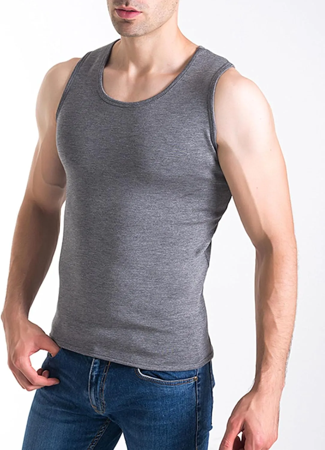 Flygo 2 Pack Thermal Tank Top Men Cotton Winter Warm Fleece Lined Underwear Sleeveless Vest Undershirt