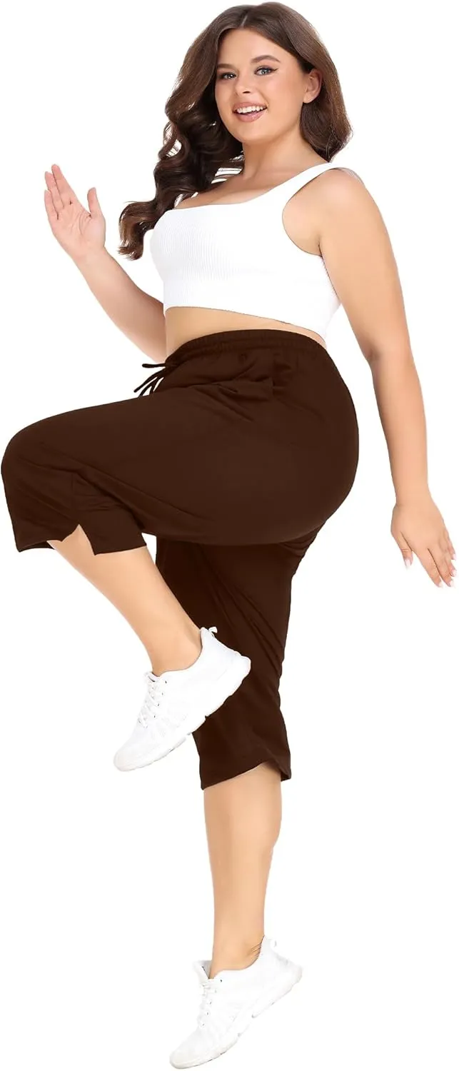 FOREYOND Plus Size Capri Pants for Women Loose Fit Yoga Pants with Pockets Workout Activewear Sweatpants