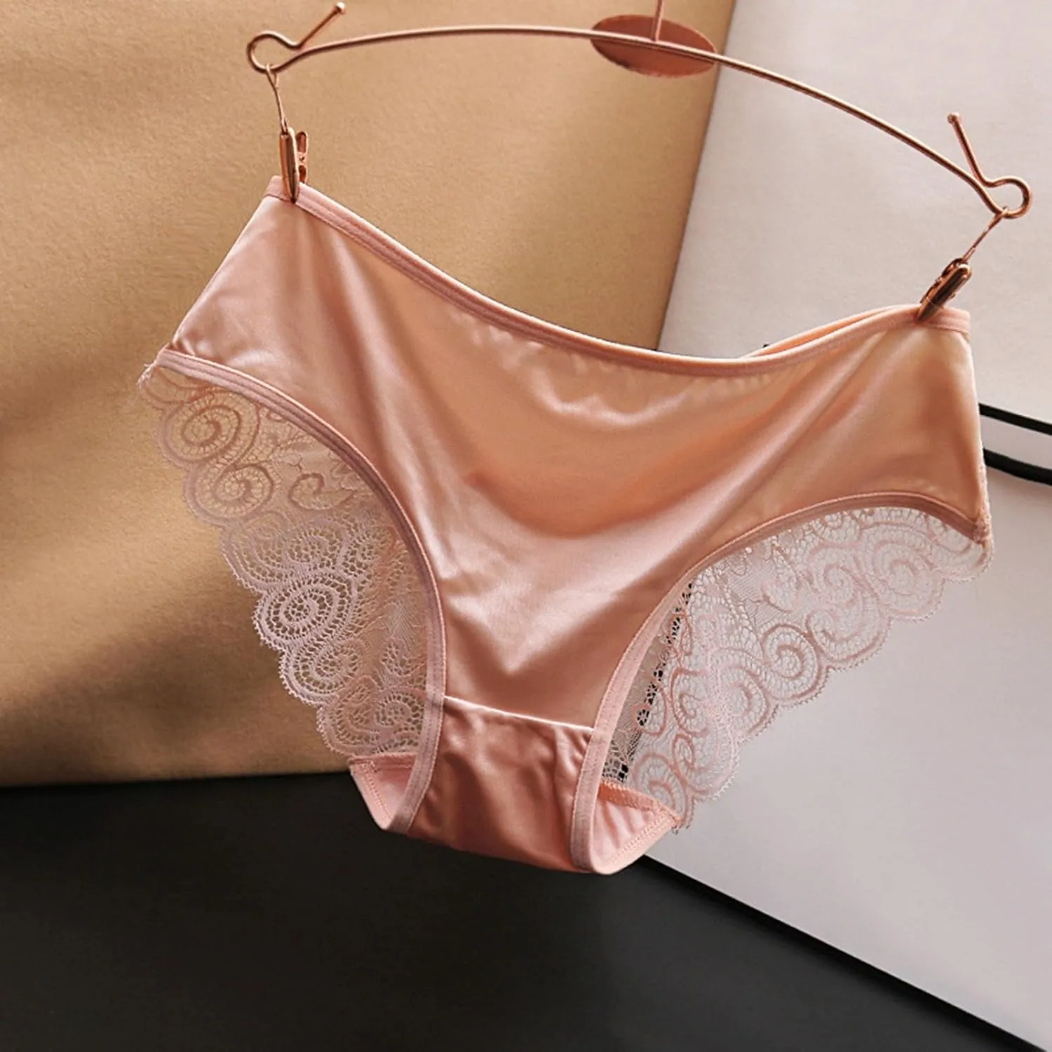 Franterd Seamless Satin Underwear for Women Mesh Lace Low Waist No Show Panties Ladies Lace Bikini Cheeky Hipster Briefs