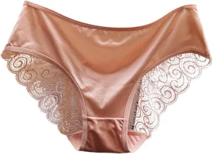 Franterd Seamless Satin Underwear for Women Mesh Lace Low Waist No Show Panties Ladies Lace Bikini Cheeky Hipster Briefs