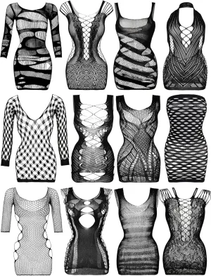 Geyoga 12 Pieces Women's Fishnet Lingerie Mesh Babydoll Bodysuit Lace Smock Lingerie for Women (Black)