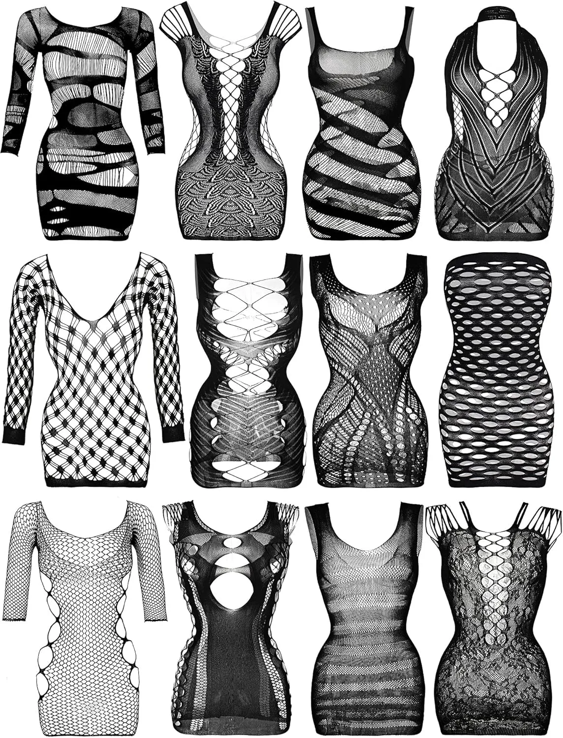 Geyoga 12 Pieces Women's Fishnet Lingerie Mesh Babydoll Bodysuit Lace Smock Lingerie for Women (Black)