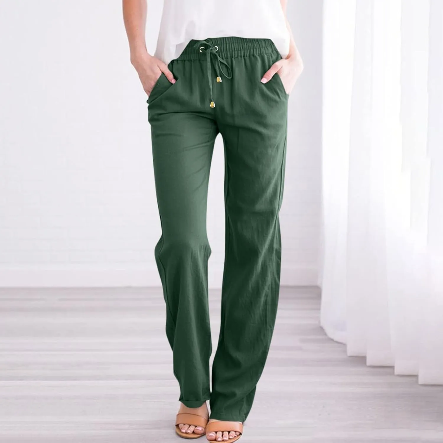 Gumipy Linen Casual Pants for Women Drawstring High Waisted Dress Pants Straight Leg Trousers Pants Lounge Pants with Pockets