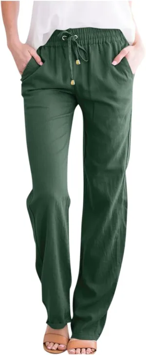 Gumipy Linen Casual Pants for Women Drawstring High Waisted Dress Pants Straight Leg Trousers Pants Lounge Pants with Pockets