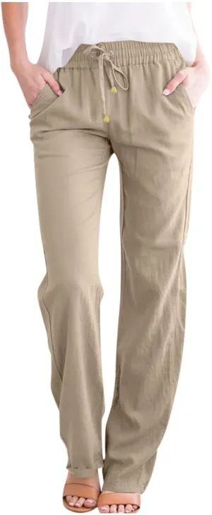 Gumipy Linen Casual Pants for Women Drawstring High Waisted Dress Pants Straight Leg Trousers Pants Lounge Pants with Pockets